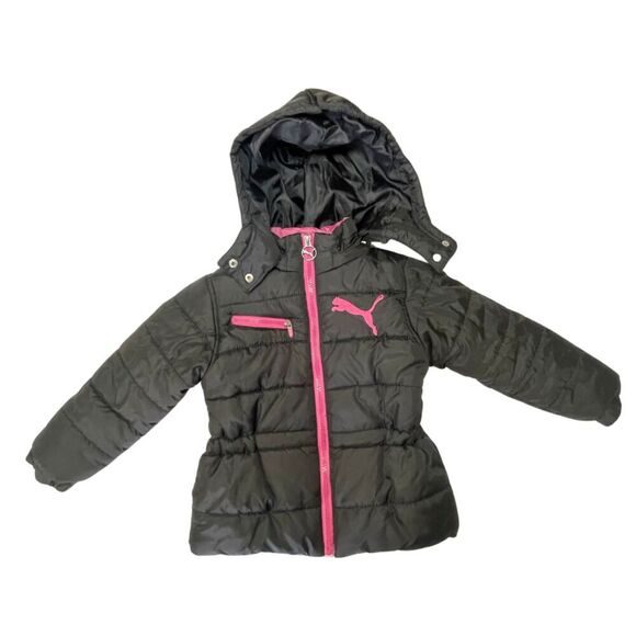 Puma Girls Puffer Hooded Jacket Size 4 Pockets Zip-Up Black & Pink - Picture 1 of 8